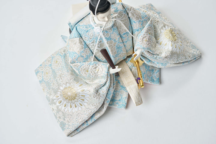 展示品 未使用 雛人形 西陣織本式十二単衣 菊華雛  菊水作 極上本頭！ 平安雛幸作 京十二番 柳サイズ 正絹西陣織 麹塵之御袍 本仕立箔