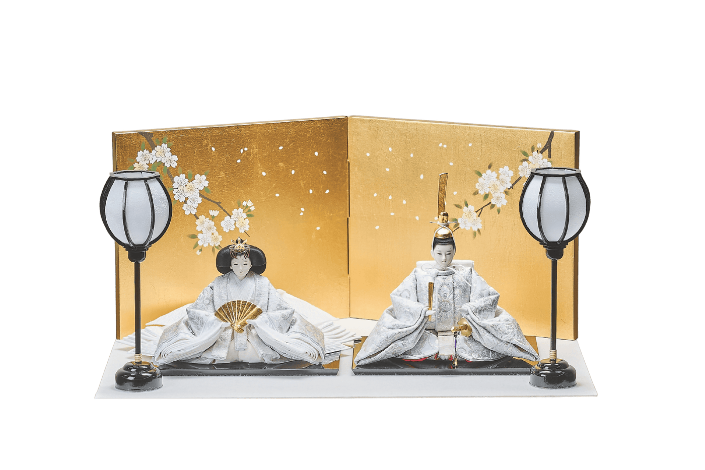 西陣織帯、純白華文 / 純白唐草文のおひなさま（中）